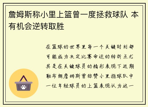 詹姆斯称小里上篮曾一度拯救球队 本有机会逆转取胜 詹姆斯称小里上篮曾一度拯救球队 本有机会逆转取胜