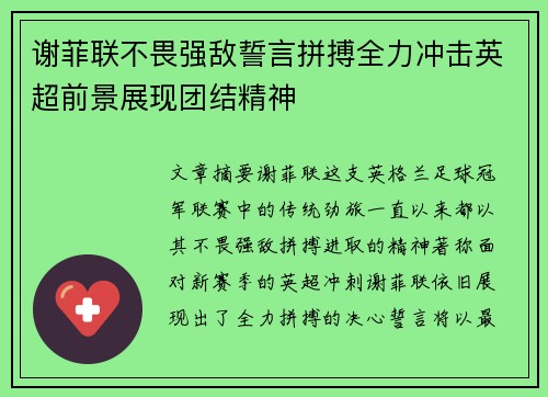 谢菲联不畏强敌誓言拼搏全力冲击英超前景展现团结精神