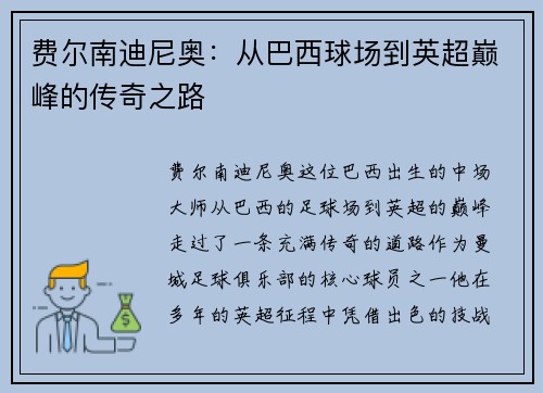 费尔南迪尼奥：从巴西球场到英超巅峰的传奇之路