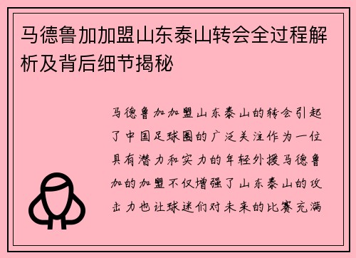 马德鲁加加盟山东泰山转会全过程解析及背后细节揭秘