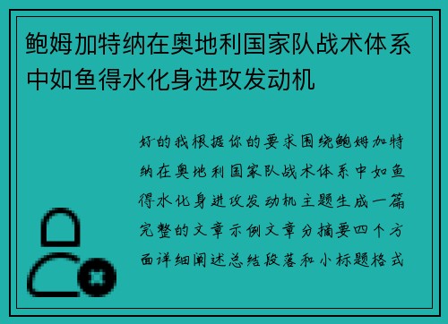 鲍姆加特纳在奥地利国家队战术体系中如鱼得水化身进攻发动机