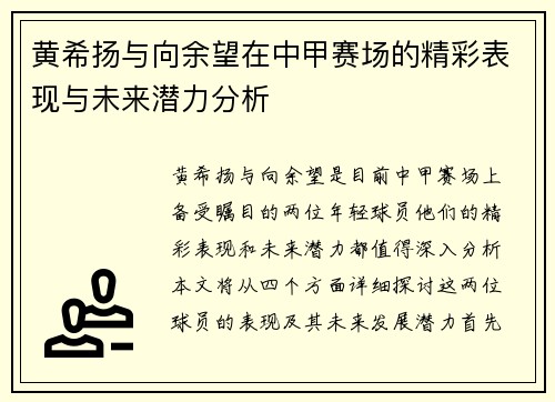 黄希扬与向余望在中甲赛场的精彩表现与未来潜力分析