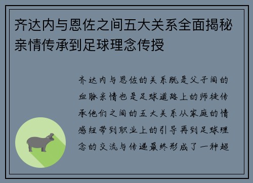齐达内与恩佐之间五大关系全面揭秘亲情传承到足球理念传授